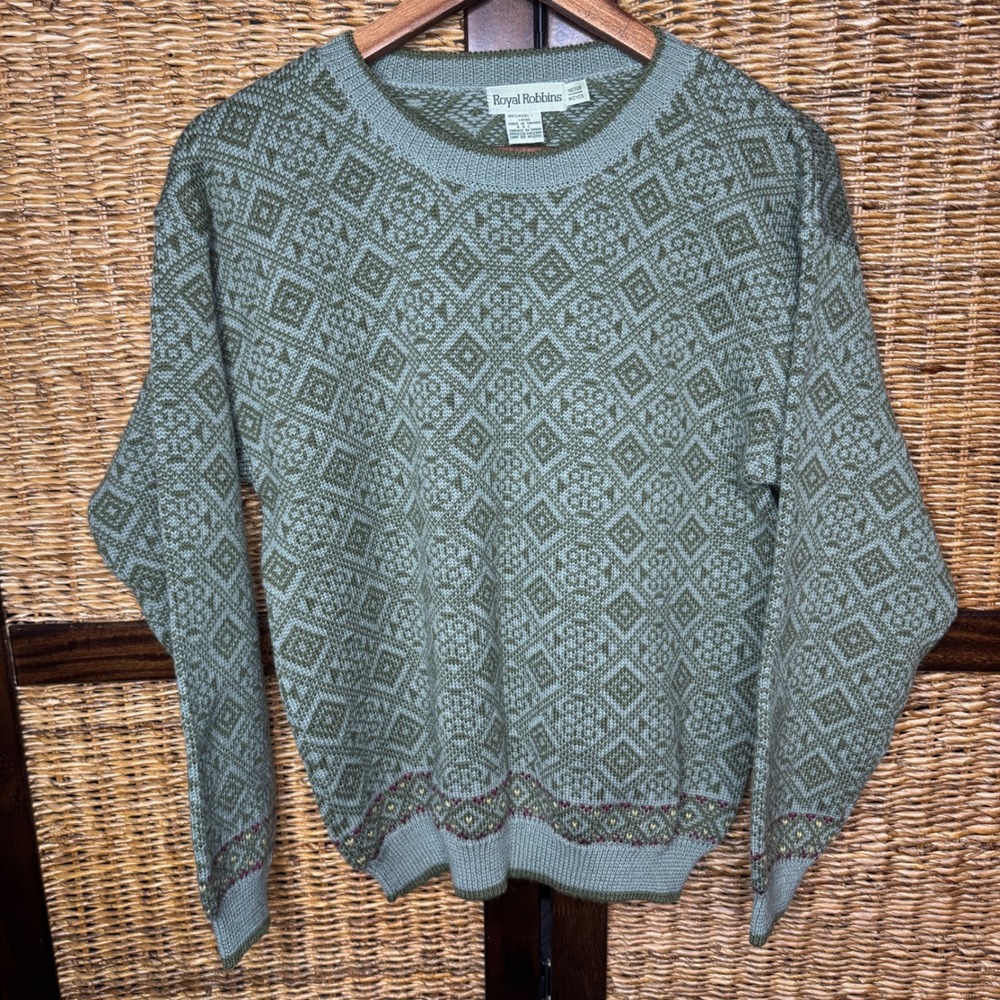 Royal Robbins Mens Medium 100% Wool Fair Isle Knit Sweater Green GranolaCore